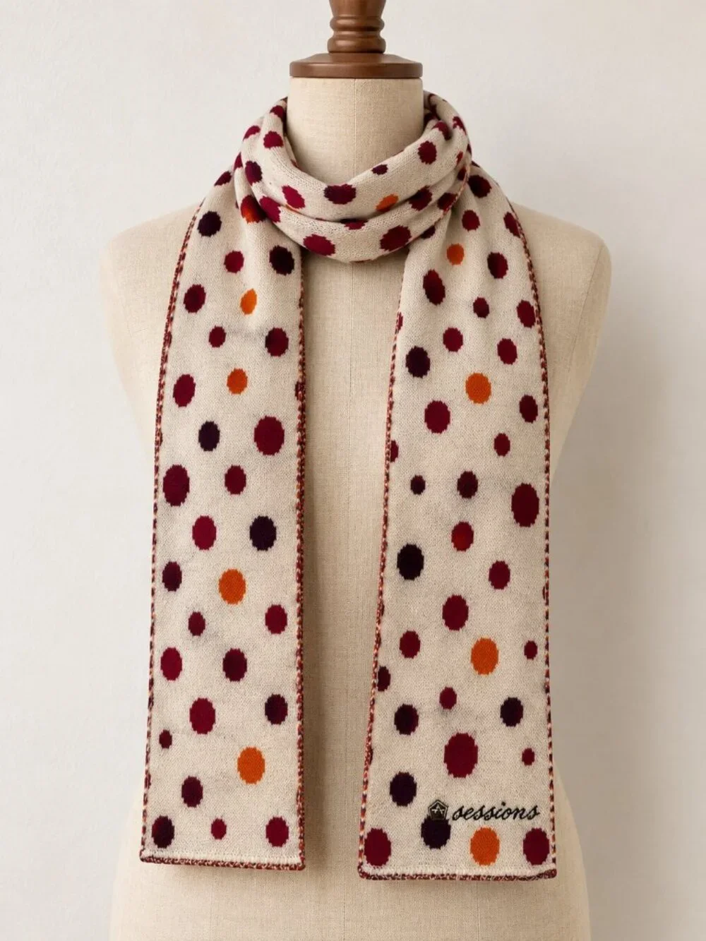 Sessions Y2K Polka Dot Knit Scarf Reversible Burgundy Orange Plum 72 Inch